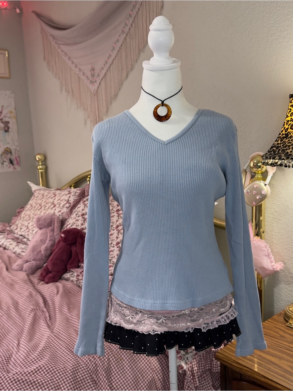 Old Navy Light Blue Ribbed V-Neck Long Sleeve Top